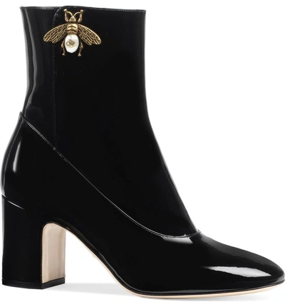 Shop Gucci Bee Bootie In Black Patent