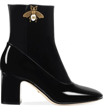 Shop Gucci Bee Bootie In Black Patent