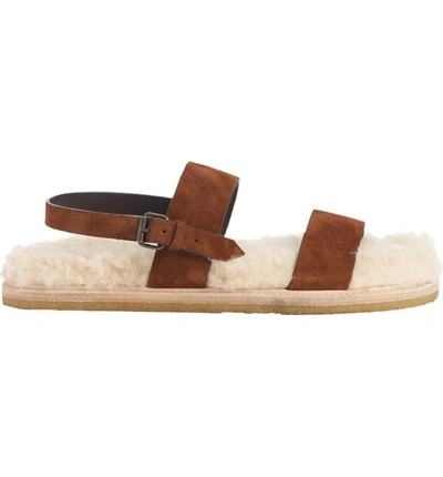 Shop Saint Laurent Nu Pieds Genuine Shearling Lining Slingback Sandal In Caramel Suede