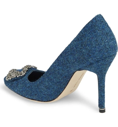 Shop Manolo Blahnik Hangisi Jewel Buckle Pump In Blue Tweed