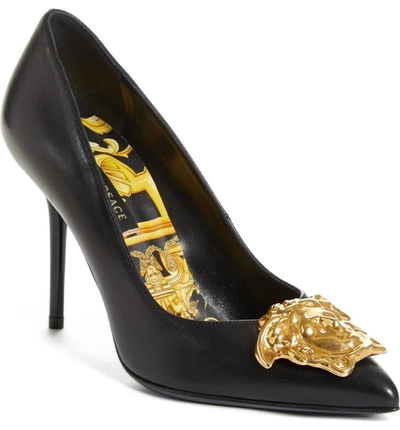 Shop Versace Palazzo Medusa Pointed Toe Pump In Black/ Gold