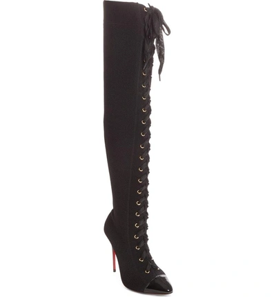 Shop Christian Louboutin Frenchie Lace-up Over The Knee Sock Boot In Black