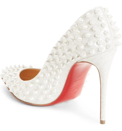 Shop Christian Louboutin 'follies' Spike Pointy Toe Pump In Latte Patent