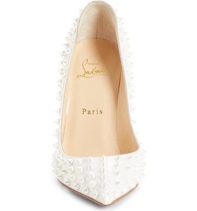 Shop Christian Louboutin 'follies' Spike Pointy Toe Pump In Latte Patent