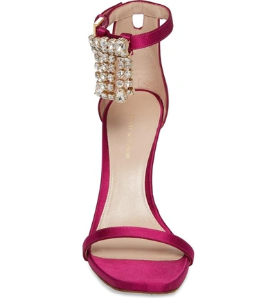 Shop Stuart Weitzman 100fringesquarenudist Sandal In Grape Silk Satin