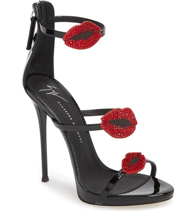 Shop Giuseppe Zanotti Crystal Lips Cage Sandal In Black/ Red