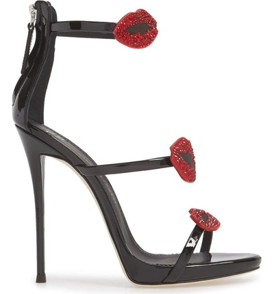 Shop Giuseppe Zanotti Crystal Lips Cage Sandal In Black/ Red