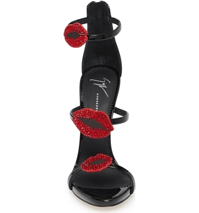 Shop Giuseppe Zanotti Crystal Lips Cage Sandal In Black/ Red