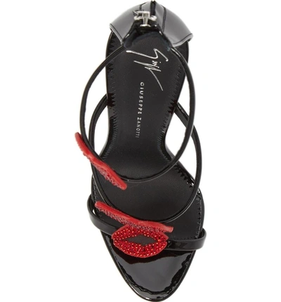 Shop Giuseppe Zanotti Crystal Lips Cage Sandal In Black/ Red