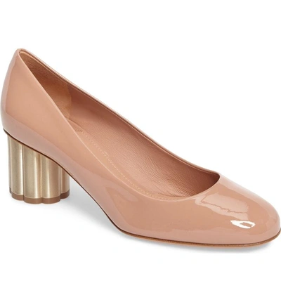 Shop Ferragamo Lucca Rounded Toe Flower Heel Pump In New Blush Patent