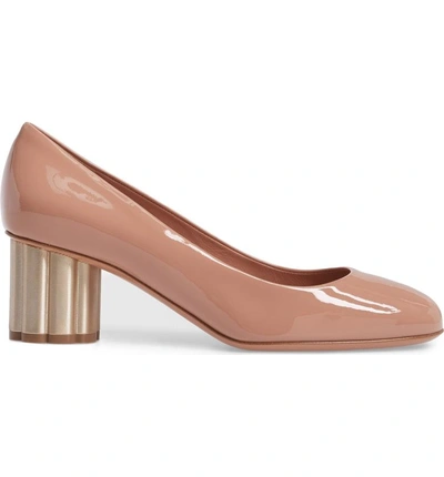 Shop Ferragamo Lucca Rounded Toe Flower Heel Pump In New Blush Patent