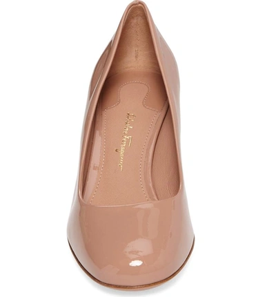 Shop Ferragamo Lucca Rounded Toe Flower Heel Pump In New Blush Patent