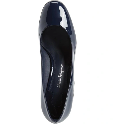 Shop Ferragamo Lucca Rounded Toe Flower Heel Pump In Navy Patent