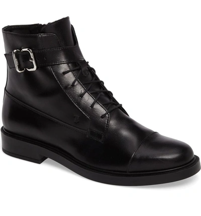 Shop Tod's Lace Up Combat Bootie In Black