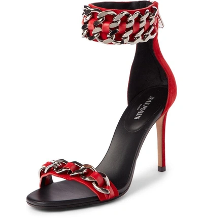 Shop Balmain Chain Ankle Strap Sandal In Red