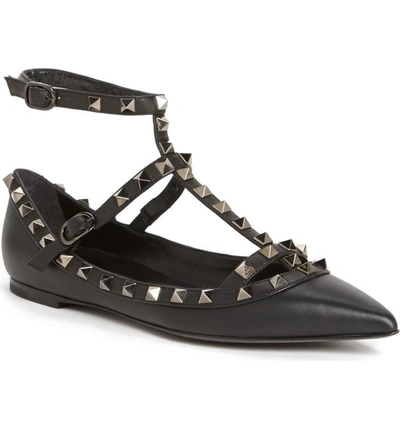 Shop Valentino 'rockstud' Double Ankle Strap Pointy Toe Flat In Black