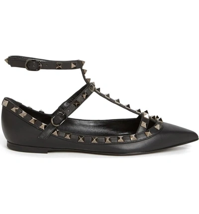 Shop Valentino 'rockstud' Double Ankle Strap Pointy Toe Flat In Black