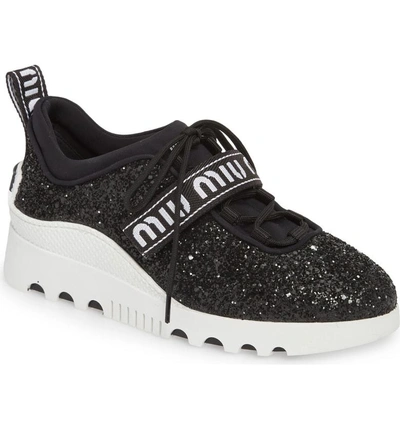 Shop Miu Miu Logo Strap Platform Sneaker In Black Glitter