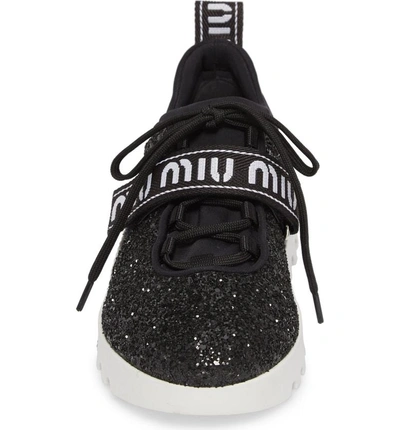 Shop Miu Miu Logo Strap Platform Sneaker In Black Glitter