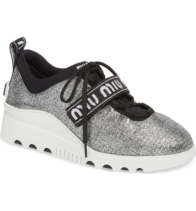 Shop Miu Miu Logo Strap Platform Sneaker In Chrome Glitter