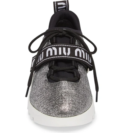 Shop Miu Miu Logo Strap Platform Sneaker In Chrome Glitter