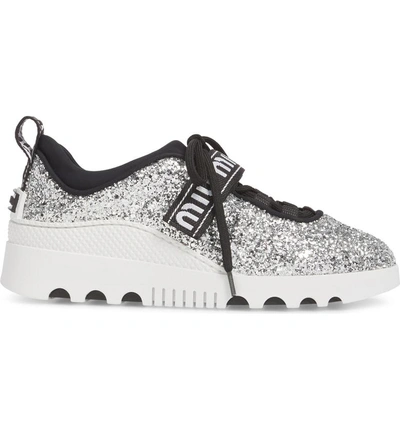 Shop Miu Miu Logo Strap Platform Sneaker In Silver