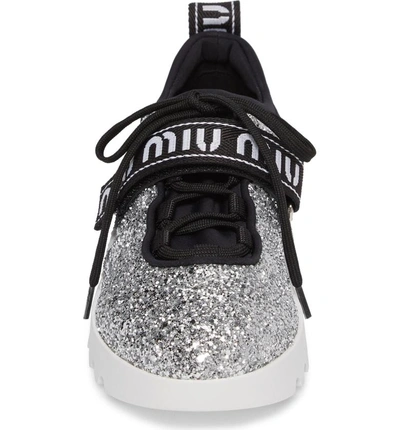 Shop Miu Miu Logo Strap Platform Sneaker In Silver