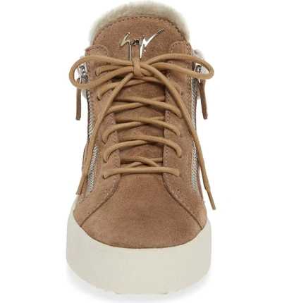 Shop Giuseppe Zanotti Giuseppe May London Mid-rise Lace-up Genuine Shearling Sneaker In Caramel