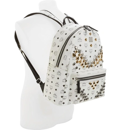 Shop Mcm Medium Stark - Visetos Studded Logo Backpack - White