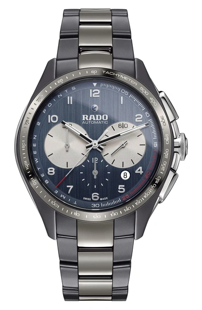 Shop Rado Hyperchrome Ceramic Automatic Chronograph Bracelet Watch, 45mm In Silver/ Blue/ Gunmetal