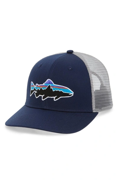 Shop Patagonia Fitz Roy Trout Trucker Hat In Classic Navy/ Drifter Grey