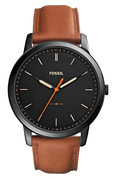 Shop Fossil Minimalist Leather Strap Watch, 44mm In Brown/ Black