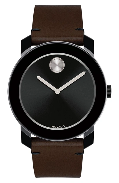 Shop Movado 'bold' Leather Strap Watch, 42mm In Chocolate Brown/ Black