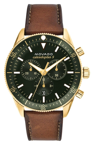 Shop Movado Heritage Chrono Leather Strap Watch, 42mm In Cognac/ Green/ Gold
