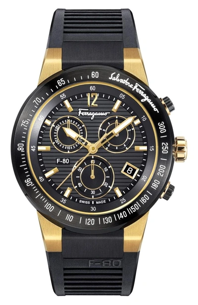 Shop Ferragamo F-80 Chronograph Rubber Strap Watch, 44mm In Black/ Gold