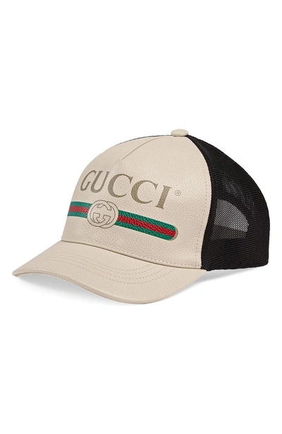 Shop Gucci Vintage Logo Leather Ball Cap - Beige In White/ Black