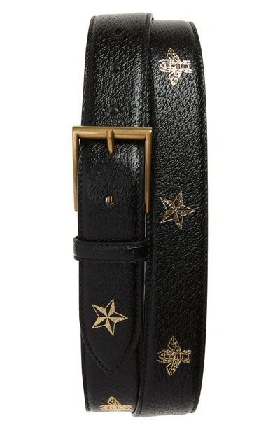 Shop Gucci Bee & Star Print Leather Belt In Black