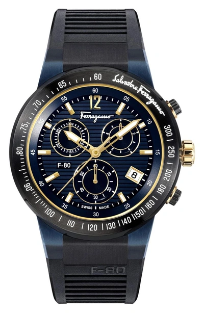 Shop Ferragamo F-80 Chronograph Rubber Strap Watch, 44mm In Black/ Blue