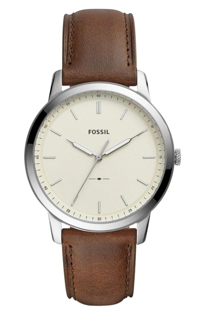 Shop Fossil Minimalist Leather Strap Watch, 44mm In Brown/ Beige/ Silver