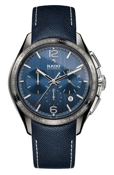 Shop Rado Hyperchrome Automatic Chronograph Textile Strap Watch, 45mm In Blue/ Gunmetal