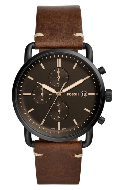 Shop Fossil The Commuter Chronograph Leather Strap Watch, 42mm In Brown/ Black