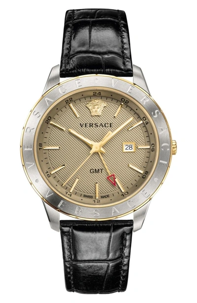 Shop Versace Univers Leather Strap Watch, 43mm In Black/ Gold/ Silver