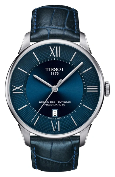 Shop Tissot Chemin Des Tourellles Automatic Leather Strap Watch, 42mm In Blue/ Silver