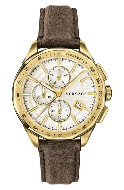 Shop Versace Glaze Chronograph Leather Strap Watch, 44mm In Brown/ Silver/ Gold