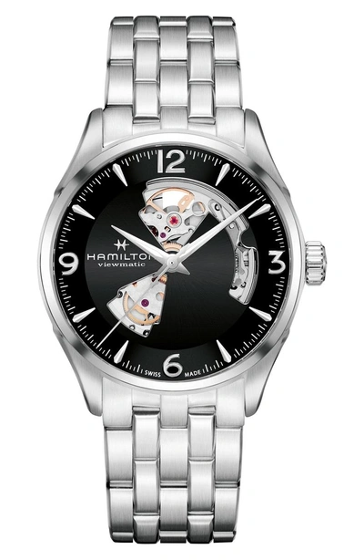 Shop Hamilton Jazzmaster Open Heart Automatic Bracelet Watch, 42mm In Silver/ Black/ Silver