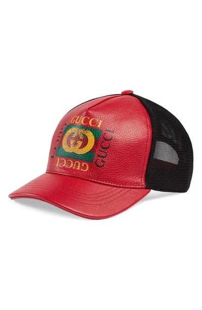 Shop Gucci Vintage Logo Leather Ball Cap - Black In Red/ Black