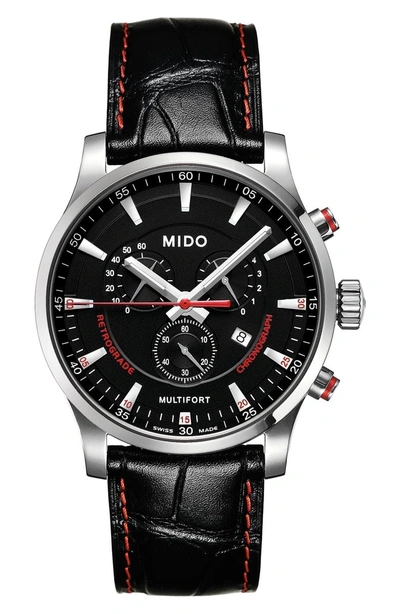 Shop Mido Mutltiford Chronograph Leather Strap Watch, 42mm In Black/ Silver