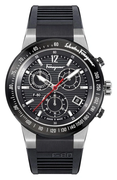 Shop Ferragamo F-80 Chronograph Rubber Strap Watch, 44mm In Black/ Silver