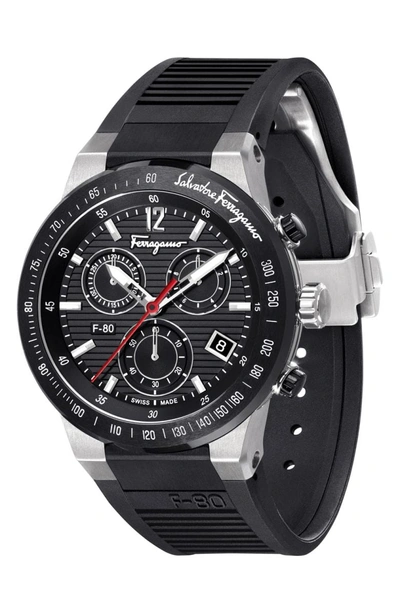 Shop Ferragamo F-80 Chronograph Rubber Strap Watch, 44mm In Black/ Silver