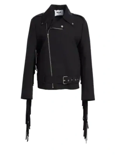 Shop Msgm Fringe Moto Jacket In Black